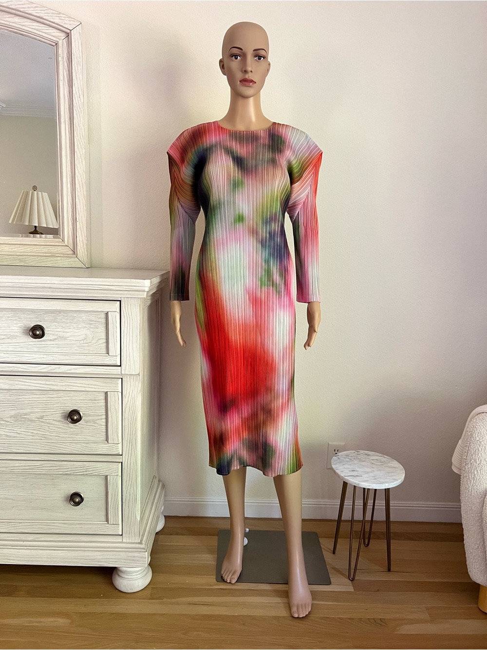 Multicolor Pleated Dress - Vibrant Tie-Dye Print